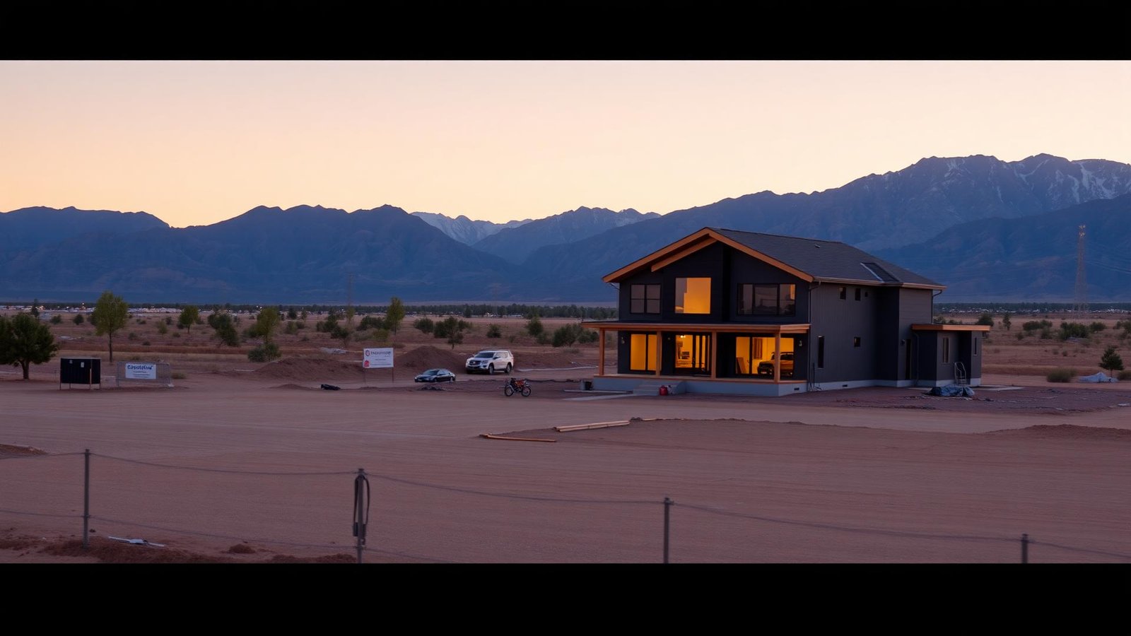 New home under construction in a Utah valley at golden hour